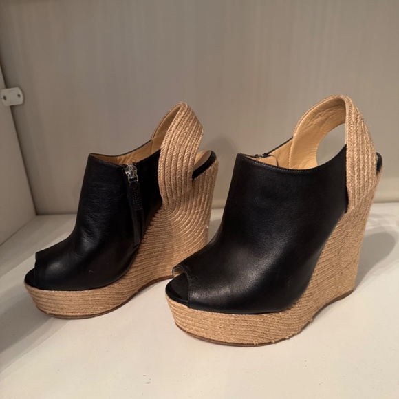 Gucci Black Leather Peep Toe Espadrille Wedge Sandals - Picture 2 of 6
